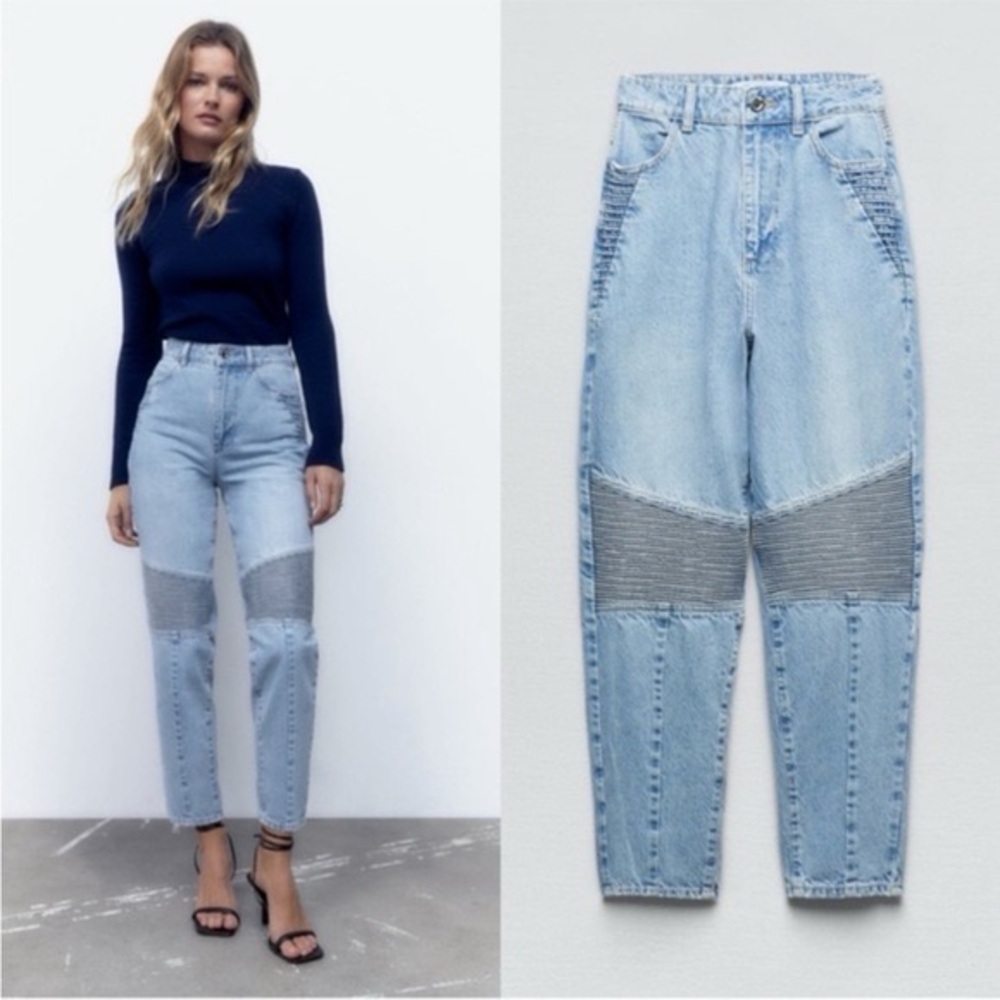 ZARA Mom Fit Biker Moto Jeans Cotton Rigid Light Wash, Size 6